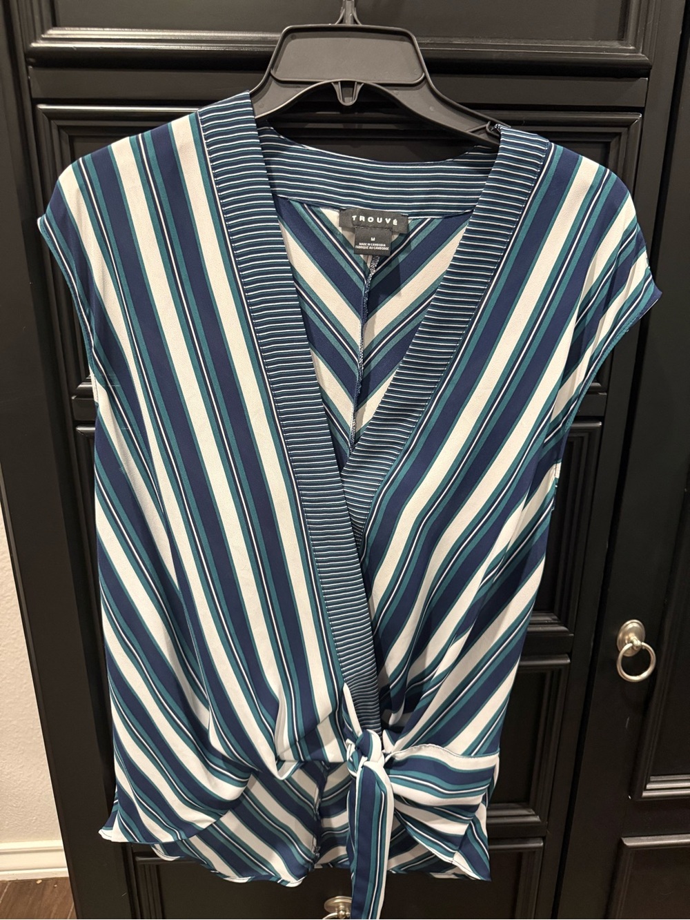 Trouvé Navy, White & Teal Striped Tie-Front Blouse